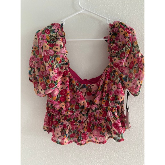 ASTR Top Women Large Pink Floral Puff Sleeve Corset Cropped Boho Coquette Preppy - Picture 2 of 4